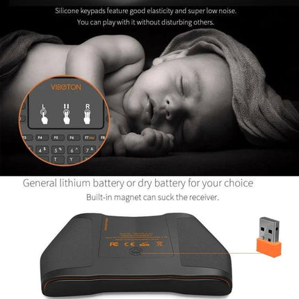 VIBOTON Mini Wireless Keyboard with Touchpad for TV and Computers showing quiet silicone keypads, built-in magnet, and USB receiver