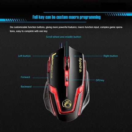 iMICE A9 Wired Optical Gaming Mouse with Adjustable DPI for PC shown top view with labeled buttons, DPI key and customizable macro functions
