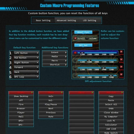 iMICE A9 Wired Optical Gaming Mouse with Adjustable DPI for PC showing DPI settings, macro programming interface and button customization