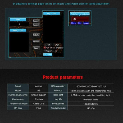 iMICE A9 Wired Optical Gaming Mouse with Adjustable DPI for PC - product parameters and DPI settings panel