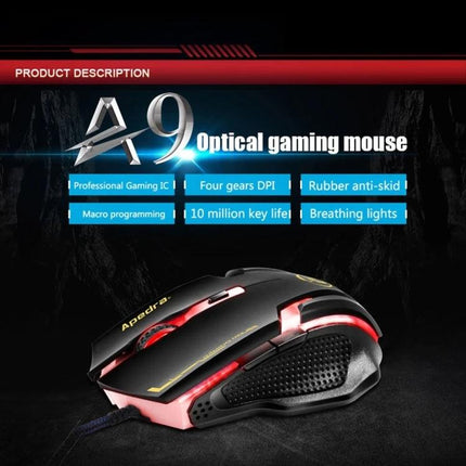 iMICE A9 Wired Optical Gaming Mouse with Adjustable DPI for PC showing black gaming mouse with red LED accents and textured grip