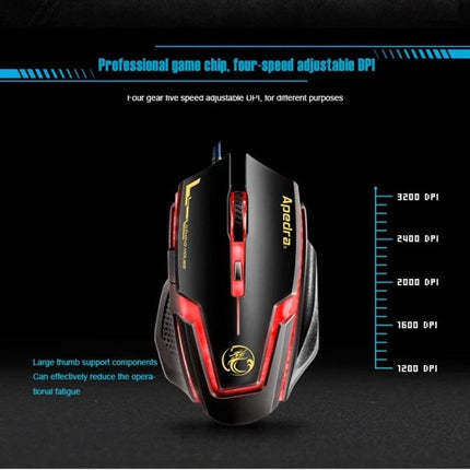 iMICE A9 Wired Optical Gaming Mouse with Adjustable DPI for PC - black red wired mouse showing DPI levels 1200-3200 and ergonomic design