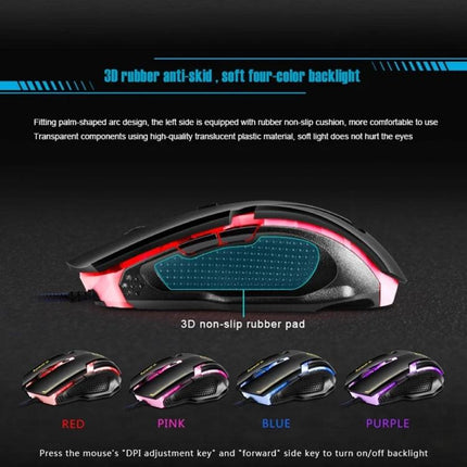 iMICE A9 Wired Optical Gaming Mouse with Adjustable DPI for PC showing side profile, 3D rubber anti-skid pad and four-color backlight options