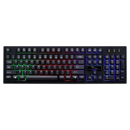 104-Key Mechanical Feel Backlit Gaming Keyboard for Everyday Use with RGB suspension-style backlit keys shown top-down