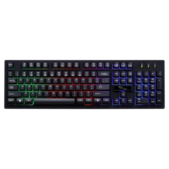 104-Key Mechanical Feel Backlit Gaming Keyboard for Everyday Use with RGB suspension-style backlit keys shown top-down