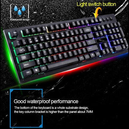 104-Key Mechanical Feel Backlit Gaming Keyboard for Everyday Use showing rainbow backlit keys, waterproof design and light switch button