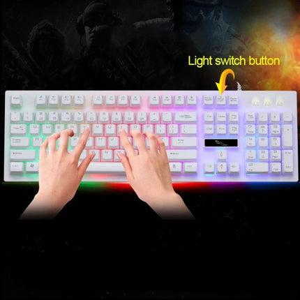 104-Key Mechanical Feel Backlit Gaming Keyboard for Everyday Use showing hands typing on white backlit 104-key board with light switch button