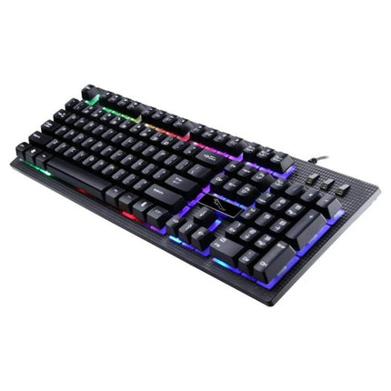 104-Key Mechanical Feel Backlit Gaming Keyboard for Everyday Use with colorful backlit suspension keys on black frame