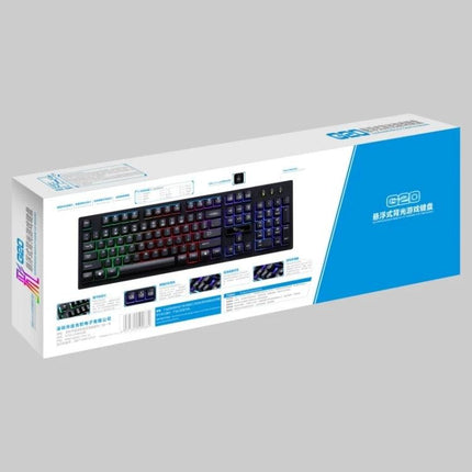 104-Key Mechanical Feel Backlit Gaming Keyboard for Everyday Use shown in retail box with RGB backlighting and suspension-style keys