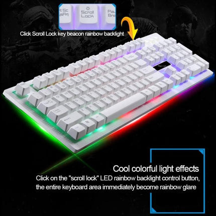 104-Key Mechanical Feel Backlit Gaming Keyboard for Everyday Use showing white backlit rainbow suspension design