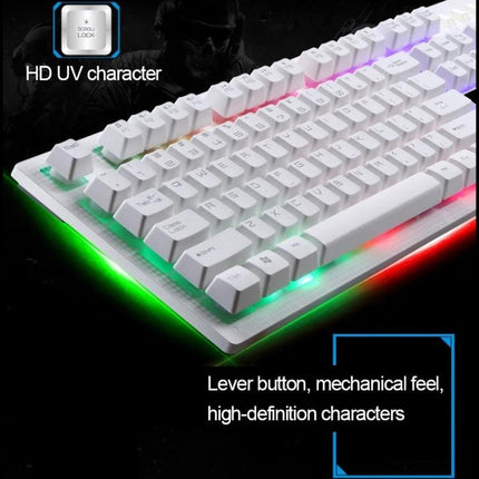 104-Key Mechanical Feel Backlit Gaming Keyboard for Everyday Use showing white backlit keys with colorful RGB underglow
