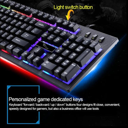 104-Key Mechanical Feel Backlit Gaming Keyboard for Everyday Use showing RGB backlit keys and light switch button