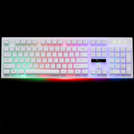 104-Key Mechanical Feel Backlit Gaming Keyboard for Everyday Use with white suspension keys and multicolor RGB glow