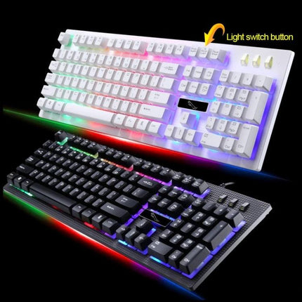 104-Key Mechanical Feel Backlit Gaming Keyboard for Everyday Use showing white and black backlit keyboards with suspension-style illuminated keys