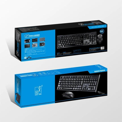 Chasing Leopard Q9 Ergonomic Keyboard and Mouse for Work and Gaming in black with grid-texture keys and ergonomic layout on retail packaging
