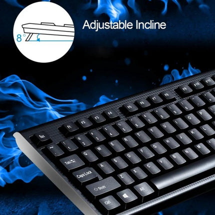 Chasing Leopard Q9 Ergonomic Keyboard and Mouse for Work and Gaming showcasing adjustable incline and black grid-textured ergonomic keys