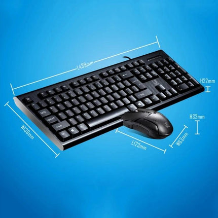 Chasing Leopard Q9 Ergonomic Keyboard and Mouse for Work and Gaming showing black textured keys and mouse with measurement dimensions