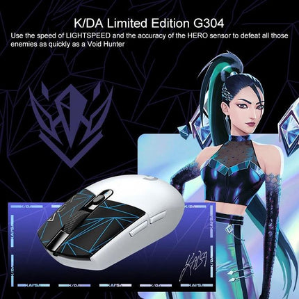 Logitech Wireless Gaming Mouse for Everyday Computing - K/DA Limited Edition G304 white gaming mouse with HERO sensor and stylized character backdrop