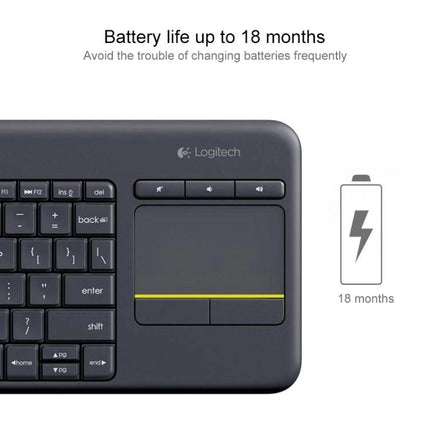 Logitech K400 Plus Wireless Keyboard for Living Room Navigation - close-up of built-in touchpad and keys, 18-month battery life icon