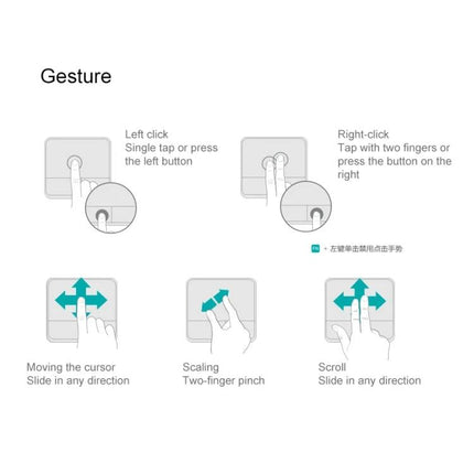 Logitech K400 Plus Wireless Keyboard for Living Room Navigation showing touchpad gesture diagram: left/right click, move cursor, two-finger pinch, scroll