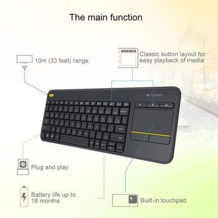 Logitech K400 Plus Wireless Keyboard for Living Room Navigation showing full-size keys, built-in touchpad, 10m range and media playback buttons