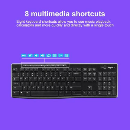 Logitech Wireless Keyboard and Mouse Set for Daily Computing showing full-size keyboard with 8 multimedia shortcut keys on purple background