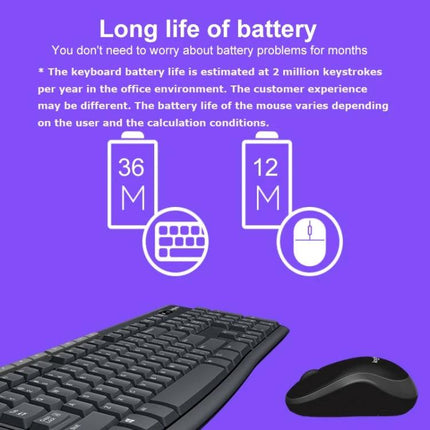Logitech Wireless Keyboard and Mouse Set for Daily Computing showing keyboard and mouse with 36M and 12M battery life icons on purple background
