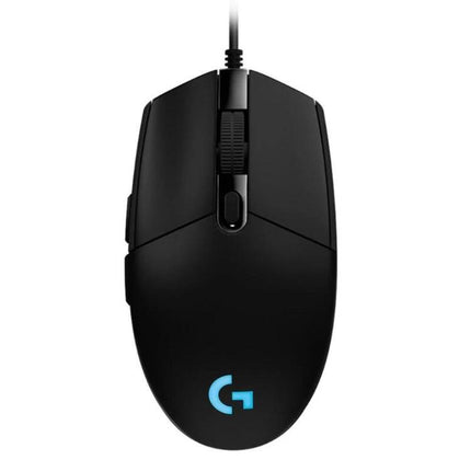 Alt Tag: Logitech White Wired RGB Gaming Mouse for Everyday Precision Control - black top-down wired mouse with RGB logo and scroll wheel