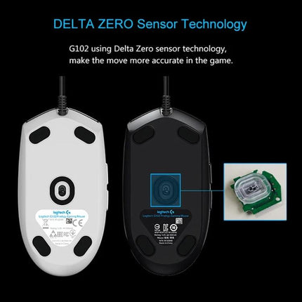 Logitech White Wired RGB Gaming Mouse for Everyday Precision Control showing white and black undersides and Delta Zero sensor close-up