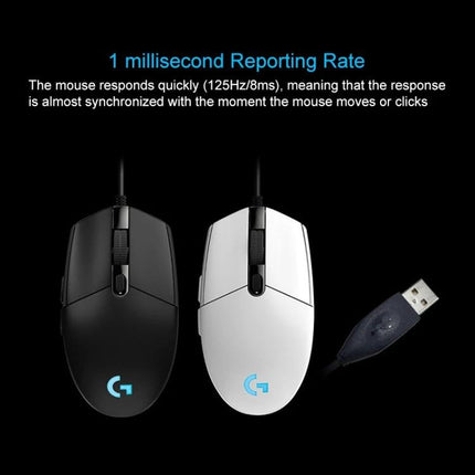 Logitech White Wired RGB Gaming Mouse for Everyday Precision Control white and black wired mice showing 1 millisecond reporting rate with USB plug