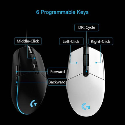 Logitech White Wired RGB Gaming Mouse for Everyday Precision Control showing white and black mice with labels for 6 programmable keys (left-click, right-click, middle-click, DPI cycle, forward, backward)