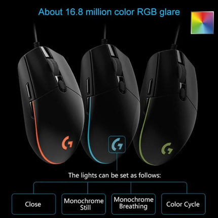 Logitech White Wired RGB Gaming Mouse for Everyday Precision Control black model showing RGB lighting modes and 16.8M color options