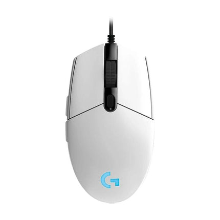 Logitech White Wired RGB Gaming Mouse for Everyday Precision Control - top view of white wired gaming mouse with RGB logo and textured scroll wheel