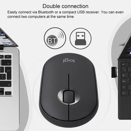 Logitech Pebble Portable Wireless Mouse with Silent Clicks shown connected via Bluetooth and USB receiver, black compact portable design