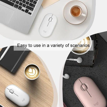 Logitech Pebble Portable Wireless Mouse with Silent Clicks shown in white and rose on desks with coffee, portable quiet mouse for work and travel