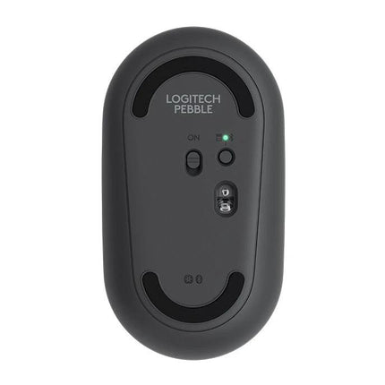 Logitech Pebble Portable Wireless Mouse with Silent Clicks - bottom view showing on switch, sensor, and Bluetooth indicator