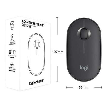 Logitech Pebble Portable Wireless Mouse with Silent Clicks showing black mouse and packaging with dimensions 107mm x 59mm