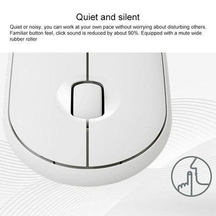 Logitech Pebble Portable Wireless Mouse with Silent Clicks close-up showing white silent-click design and mute icon