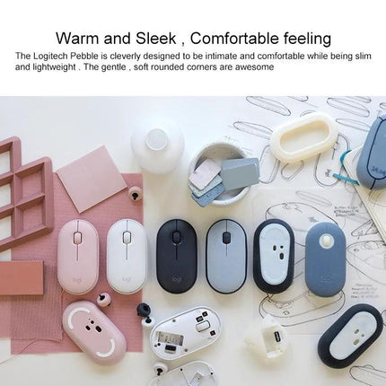 Logitech Pebble Portable Wireless Mouse with Silent Clicks shown in multiple colors on a desk, slim portable design for quiet work