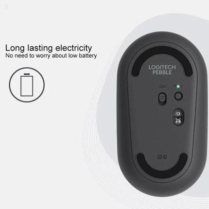 Logitech Pebble Portable Wireless Mouse with Silent Clicks shown underside view highlighting battery life and power switch