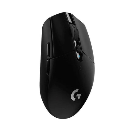 Logitech G304 Wireless Gaming Mouse with Customizable Buttons showing black wireless mouse with HERO sensor, two side buttons and scroll wheel for precise gaming