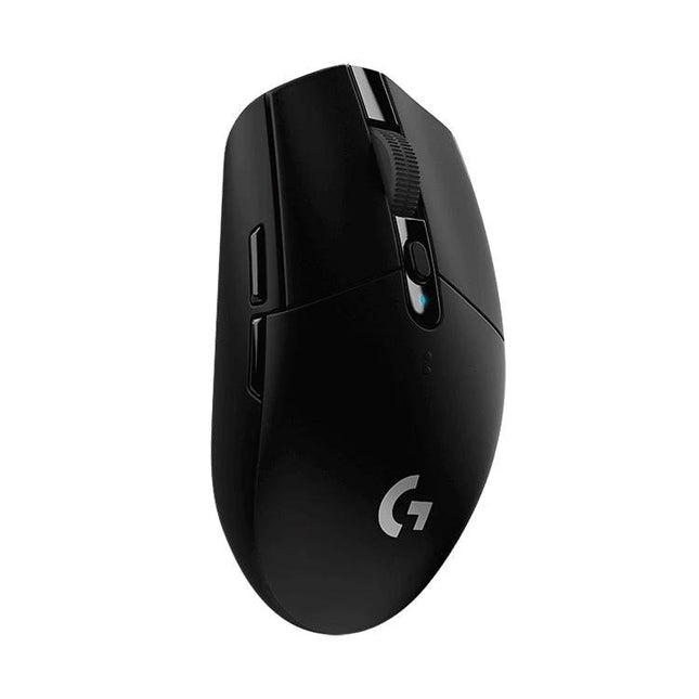 Logitech G304 Wireless Gaming Mouse with Customizable Buttons showing black wireless mouse with HERO sensor, two side buttons and scroll wheel for precise gaming