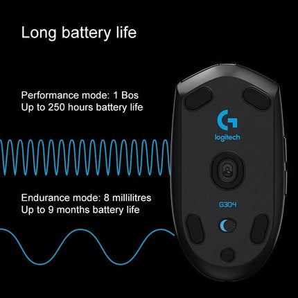 Logitech G304 Wireless Gaming Mouse with Customizable Buttons showing underside, HERO sensor and battery life info
