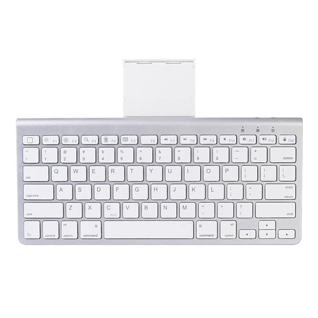 MC Saite Ultra-Thin Wireless Bluetooth Keyboard with Holder shown flat with built-in device holder and white keys, ultra-thin ABS design