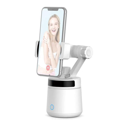 Compact Tripod for Daily Home Video Calls and Outings — white auto-tracking phone tripod holding smartphone for video calls and vlogs