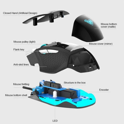 AULA SoulKiller II Wired Gaming Mouse with Colorful LED Lights exploded view showing components, ergonomic shell, LED, encoder, mouse cover