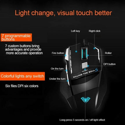 AULA SoulKiller II Wired Gaming Mouse with Colorful LED Lights showing ergonomic design, 7 programmable buttons, DPI button and multicolor LED accents