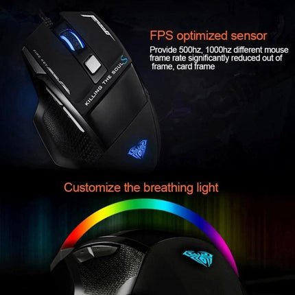 AULA SoulKiller II Wired Gaming Mouse with Colorful LED Lights showing ergonomic black design, customizable breathing RGB lighting and FPS optimized sensor
