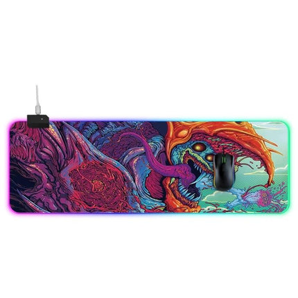 Illuminated Mouse Pad with Computer Monster Pattern for Gaming, RGB long desk mat with colorful monster design and wired USB control