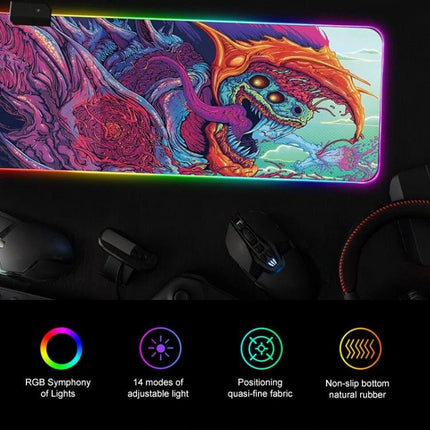 Illuminated Mouse Pad with Computer Monster Pattern for Gaming — RGB edge-lit gaming desk mat with non-slip rubber base